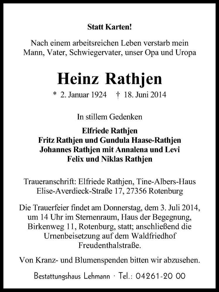  Traueranzeige für Heinz Rathjen vom 20.06.2014 aus KRZ