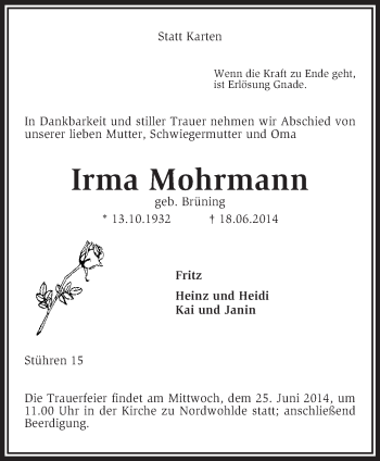 Traueranzeige von Irma Mohrmann von KRZ