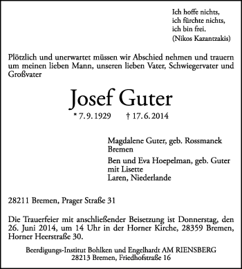 Traueranzeige von Josef Guter von KRZ