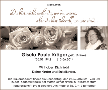 Traueranzeige von Gisela Paula Kröger von KRZ