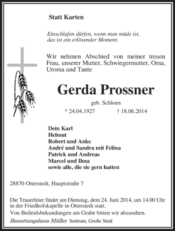 Traueranzeige von Gerda Prossner von KRZ