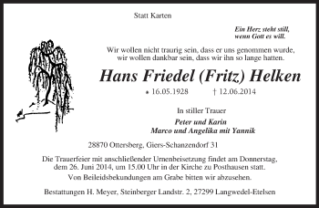 Traueranzeige von Hans Friedel Fritz Helken von KRZ