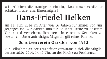 Traueranzeige von Hans-Friedel Helken von KRZ