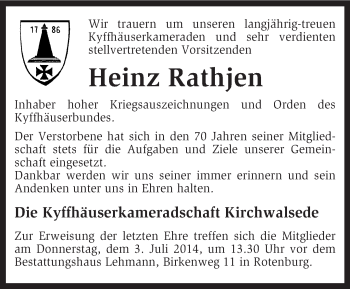 Traueranzeige von Heinz Rathjen von KRZ