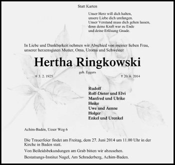 Traueranzeige von Hertha Ringkowski von KRZ