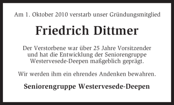 Traueranzeige von Friedrich Dittmer von KREISZEITUNG SYKE