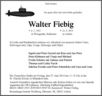 Traueranzeige von Walter Fiebig von KRZ