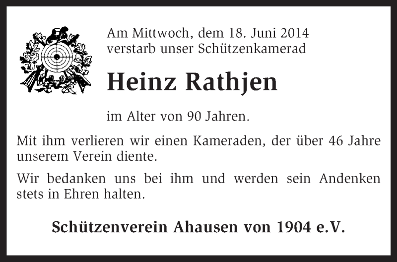  Traueranzeige für Heinz Rathjen vom 25.06.2014 aus KRZ