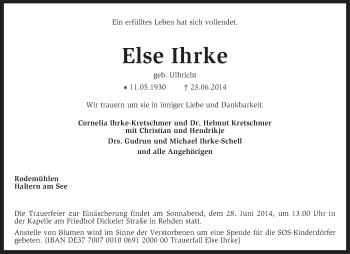 Traueranzeige von Else Ihrke von KRZ