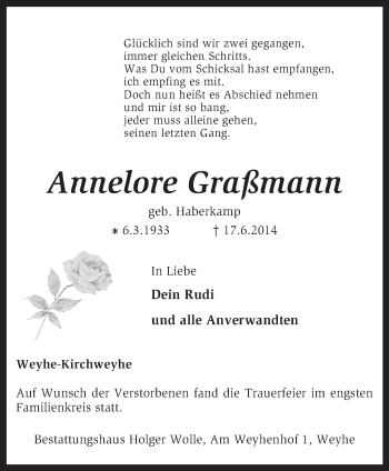 Traueranzeige von Annelore Graßmann von KRZ