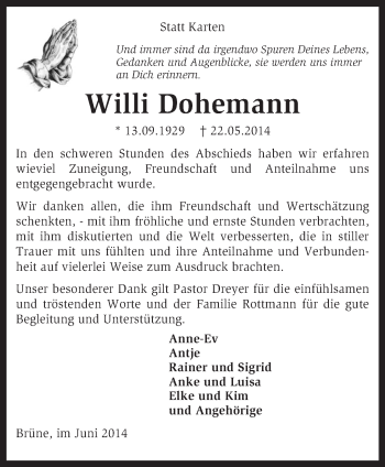 Traueranzeige von Willi Dohemann von KRZ