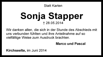 Traueranzeige von Sonja Stapper von KRZ