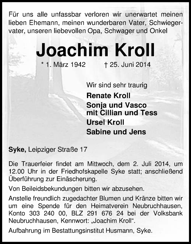  Traueranzeige für Joachim Kroll vom 28.06.2014 aus KRZ