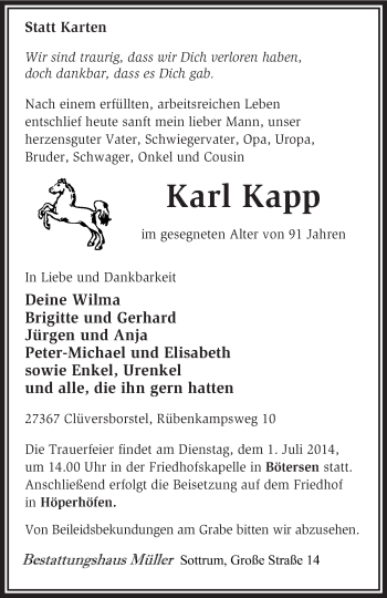 Traueranzeige von Karl Kapp von KRZ