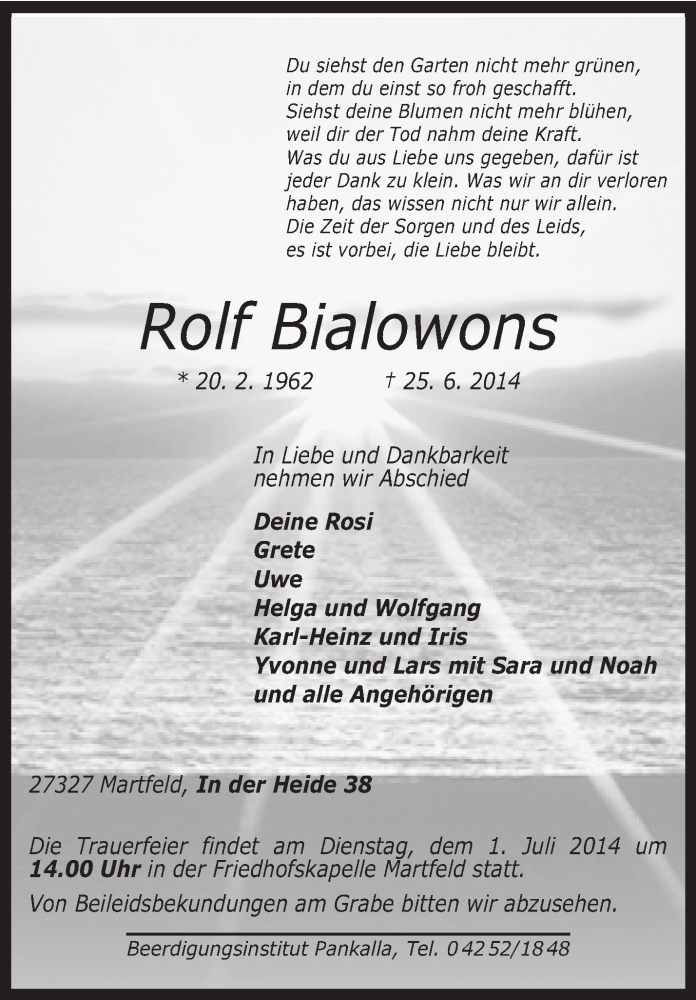  Traueranzeige für Rolf Bialowons vom 27.06.2014 aus KRZ