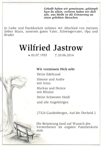 Traueranzeige von Wilfried Jastrow von KRZ