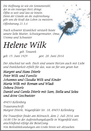 Traueranzeige von Helene Wilk von KRZ