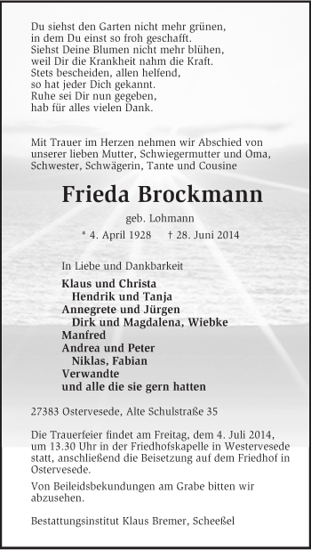 Traueranzeige von Frieda Brockmann von KRZ