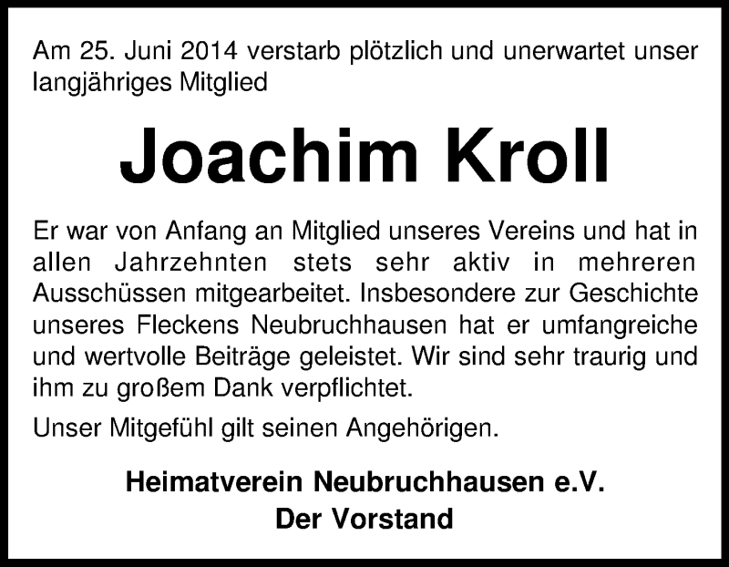  Traueranzeige für Joachim Kroll vom 01.07.2014 aus KRZ