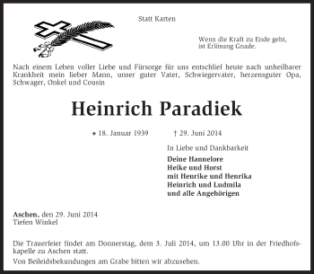 Traueranzeige von Heinrich Paradiek von KRZ