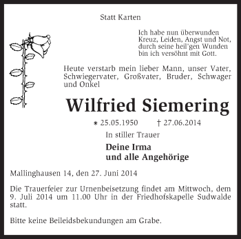 Traueranzeige von Wilfried Siemering von KRZ