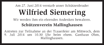 Traueranzeige von Wilfried Siemering von KRZ