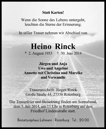 Traueranzeige von Heino Rinck von KRZ