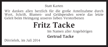 Traueranzeige von Fritz Tacke von KRZ