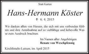 Traueranzeige von Hans-Hermann Köster von KRZ