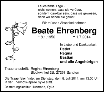 Traueranzeige von Beate Ehrenberg von KRZ