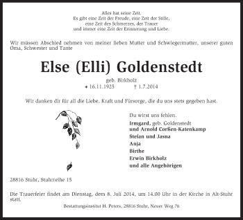 Traueranzeige von Else Goldenstedt von KRZ