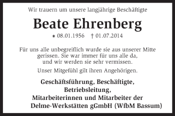 Traueranzeige von Beate Ehrenberg von KRZ