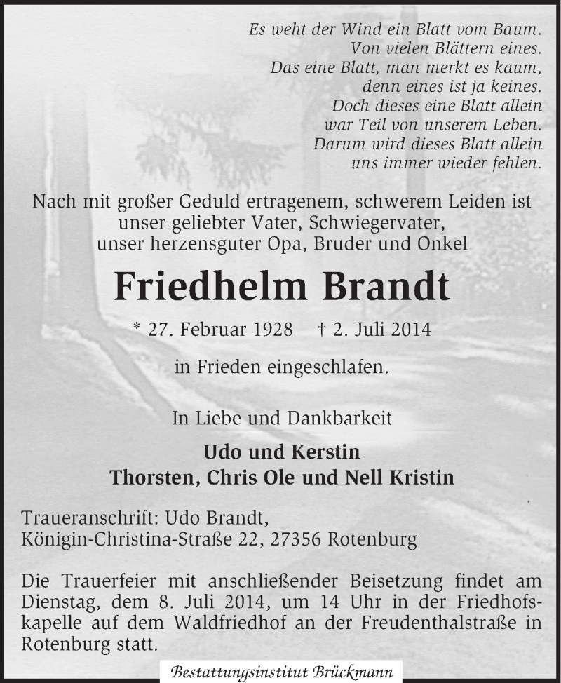  Traueranzeige für Friedhelm Brandt vom 04.07.2014 aus KRZ