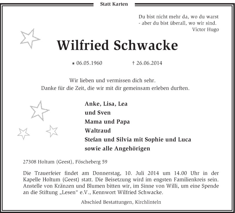  Traueranzeige für Wilfried Schwacke vom 05.07.2014 aus KRZ