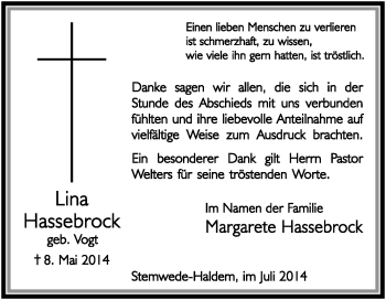 Traueranzeige von Lina Hassebrock von KRZ