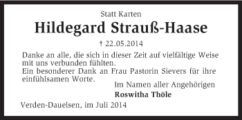 Traueranzeige von Hildegard Strauß-Haase von KRZ