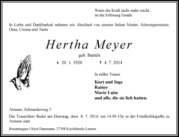 Traueranzeige von Hertha Meyer von KRZ