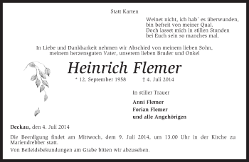 Traueranzeige von Heinrich Flemer von KRZ