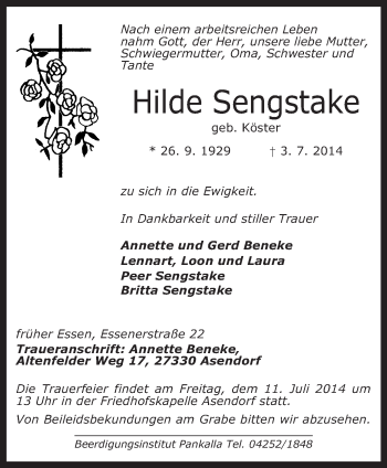 Traueranzeige von Hilde Sengstake von KRZ