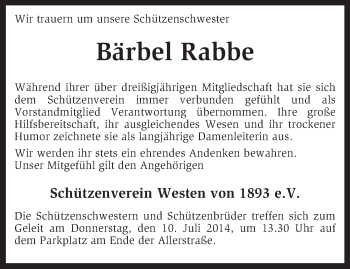 Traueranzeige von Bärbel Rabbe von KRZ