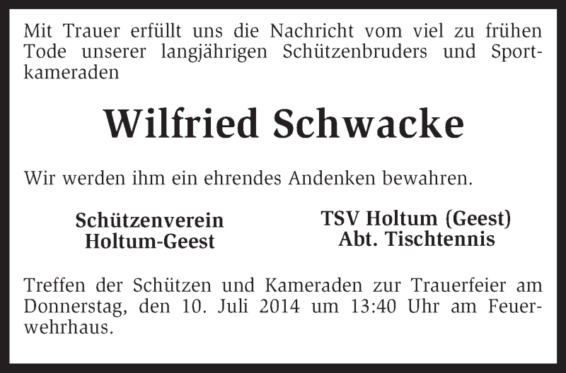  Traueranzeige für Wilfried Schwacke vom 08.07.2014 aus KRZ