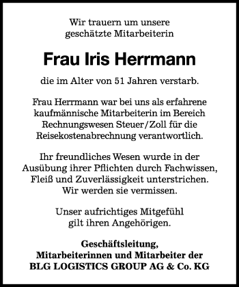 Traueranzeige von Iris Herrmann von KRZ