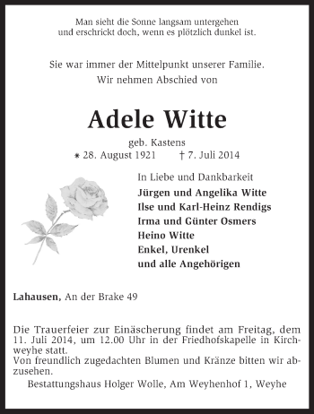 Traueranzeige von Adele Witte von KRZ