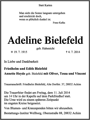 Traueranzeige von Adeline Bielefeld von KRZ