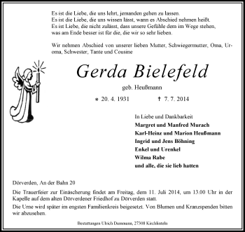 Traueranzeige von Gerda Bielefeld von KRZ