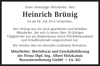 Traueranzeige von Heinrich Brünig von KRZ