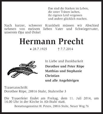 Traueranzeige von Hermann Precht von KRZ