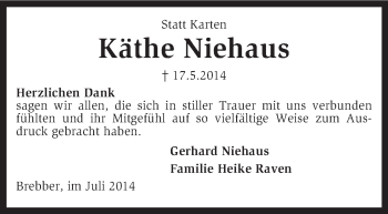 Traueranzeige von Käthe Niehaus von KRZ