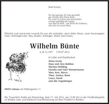 Traueranzeige von Wilhelm Bünte von KRZ