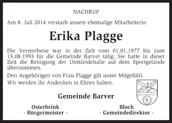 Traueranzeige von Erika Plagge von KRZ